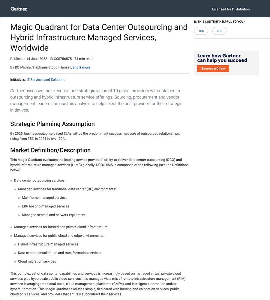 2022 Magic Quadrant for Data Center Outsourcing and Hybrid Infrastructure Managed Services, Worldwide